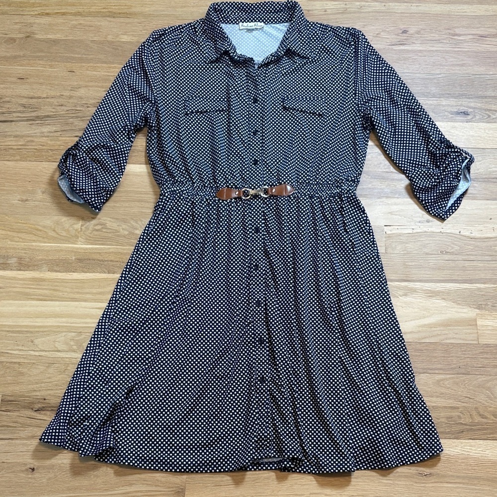 Indigo Rose Navy Polka Dot Midi Shirt Dress with Brown Belt Women’s L